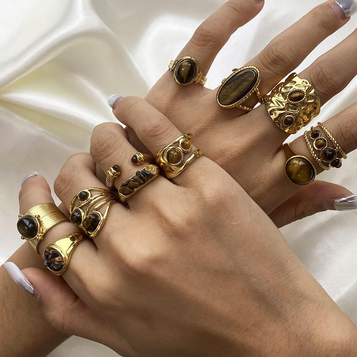 Natural Tiger's Eye Rings - 18K Gold Plated Stainless Steel