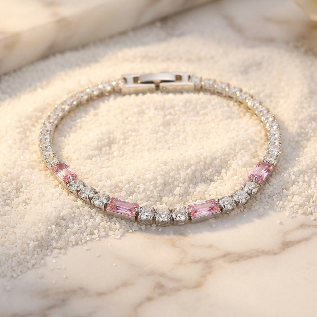 Waterproof Pink Baguette CZ Tennis Bracelet Chain