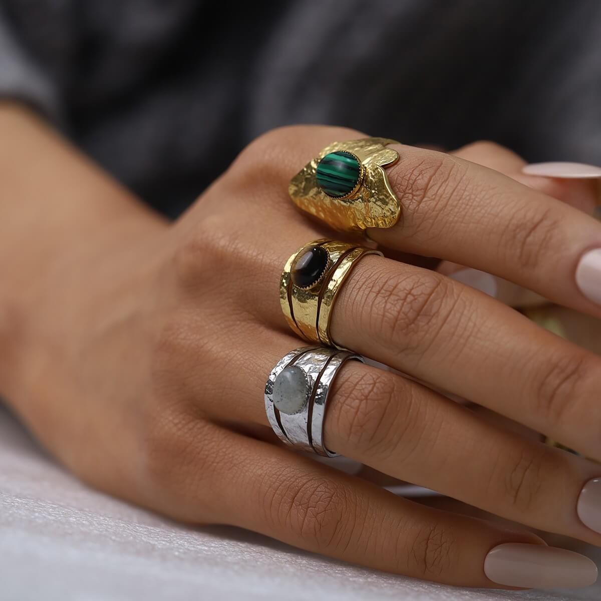 Boho Natural Stone Hammered Open Ring