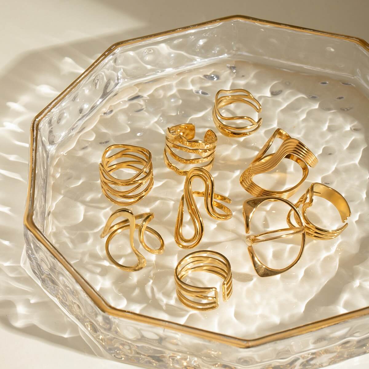 Waterproof Sculptural Wave Open Rings