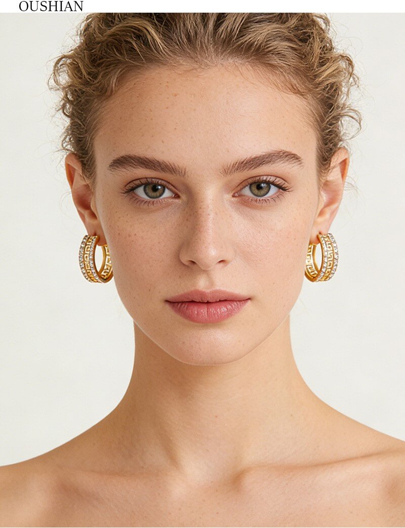 14K Gold Plated Brass Vintage Greek Key CZ Hoop Earrings