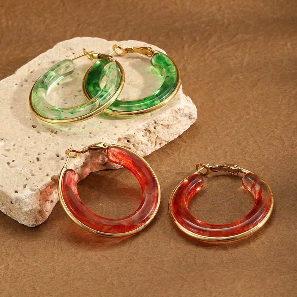 Chunky Resin Hoop Earrings 18K Gold Stainless Steel